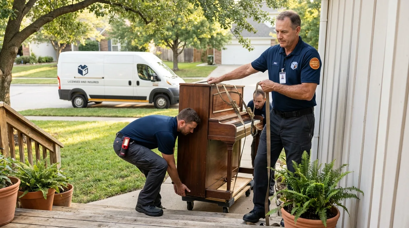 Licensed piano movers securing grand piano in Saugerties, NY