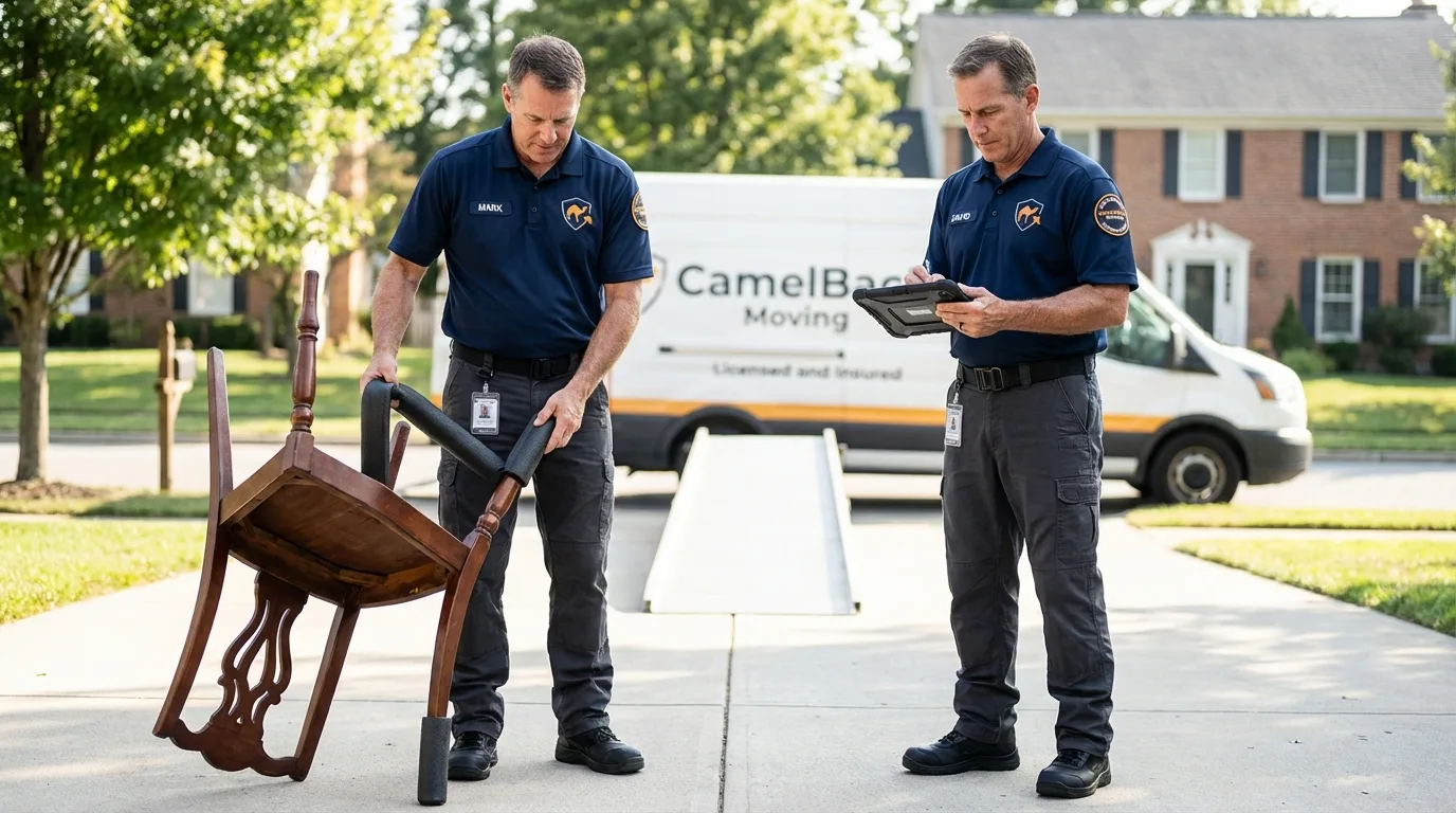Movers inspecting furniture for damage prevention before loading in Saugerties, NY