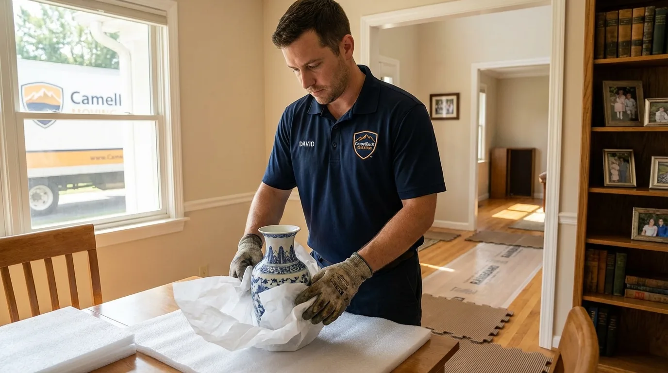 Professional crew carefully wrapping antique vase for senior downsizing move in Saugerties, NY